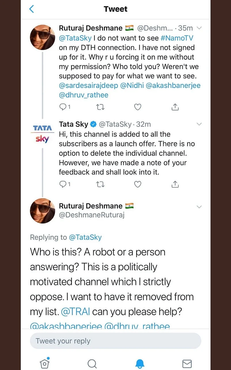Screenshot of Tata Sky response to removing NaMo TV.