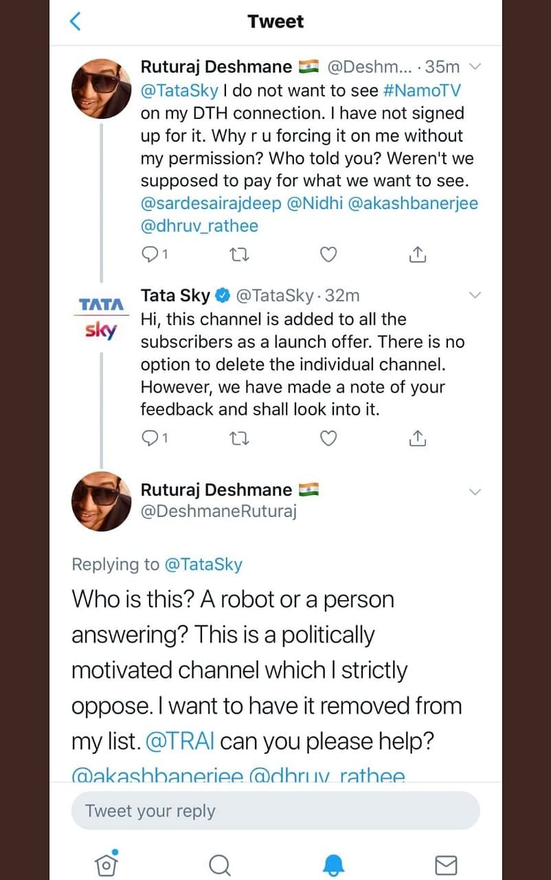 An interaction between one annoyed user and the official handle of Tata Sky over deleting NaMo TV has gone viral.