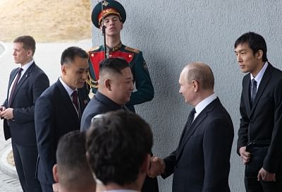 Vladivostok (Russia), April 25, 2019 (Xinhua) -- Russian President Vladimir Putin (second from right) and North Korean leader Kim Jong-un shakes hands before the meeting in Vladivostok, Russia, April 25, 2019. (Xinhua/IANS)