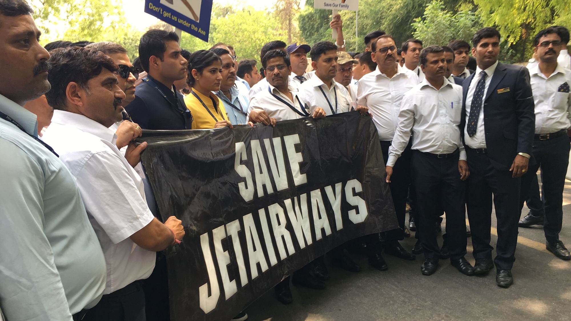 Jet Airways employees protest at Jantar Mantar in Delhi
