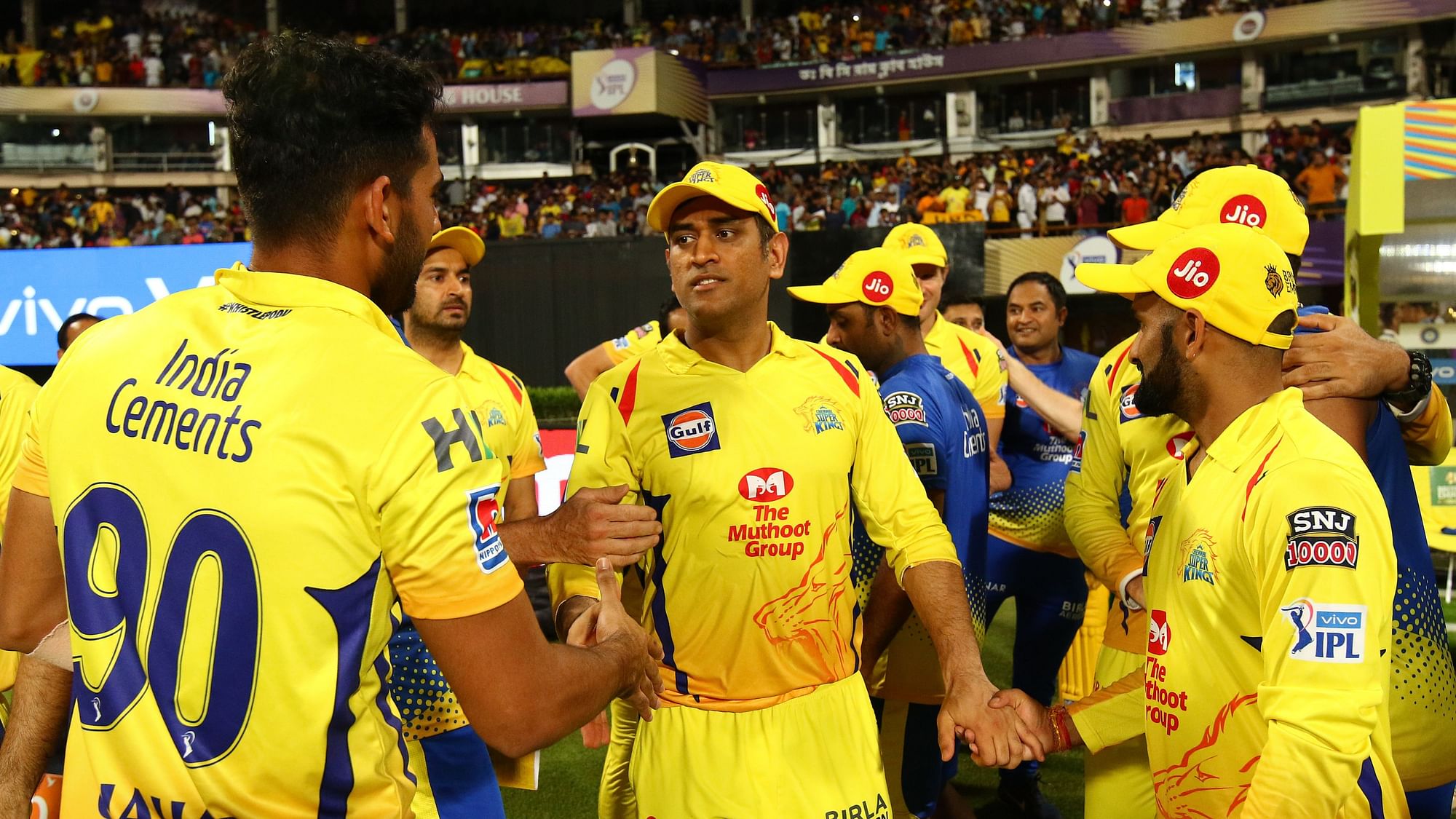 CSK players celebrating during match 29 of the Vivo Indian Premier League Season 12, 2019 between the Kolkata Knight Riders and the Chennai Super Kings held at the Eden Gardens Stadium in Kolkata on the 14th April 2019