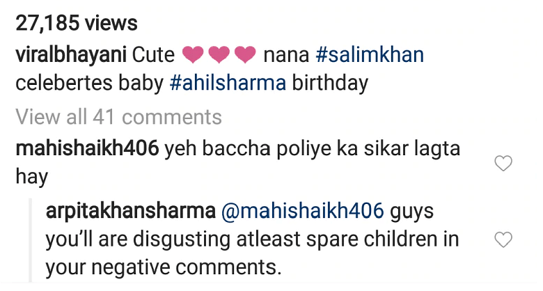 Arpita Sharma Khan shuts up troll for negatively commenting on her son.