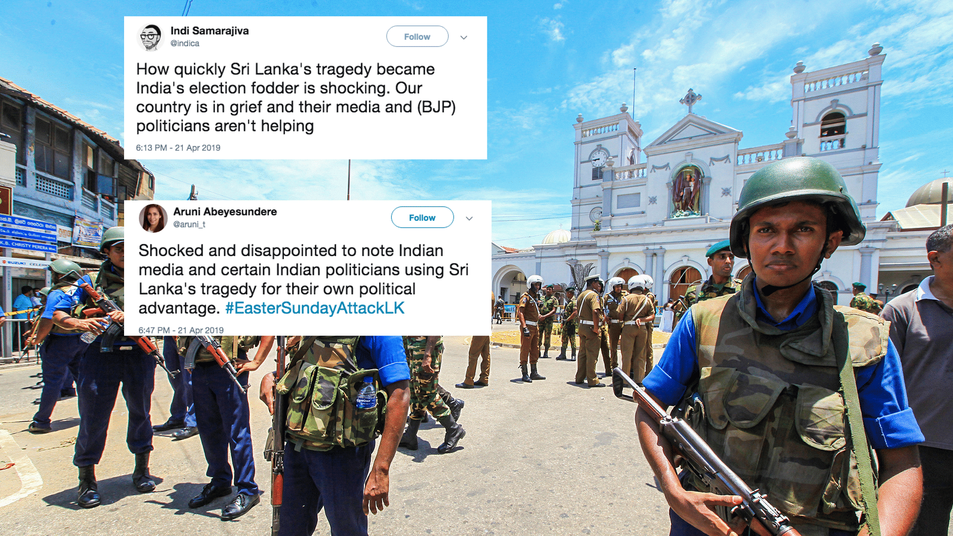 Sri Lankan Twitter slammed Indian media for using the series of blasts in the island nation as “election fodder.”