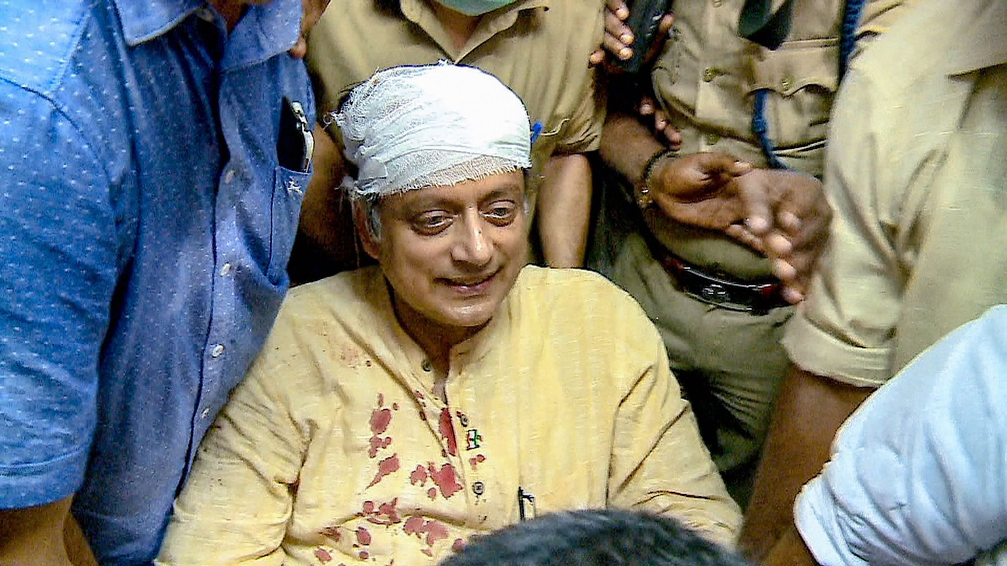 Congress leader Shashi Tharoor, who had injured himself while offering prayers at a temple in Thiruvananthapuram.