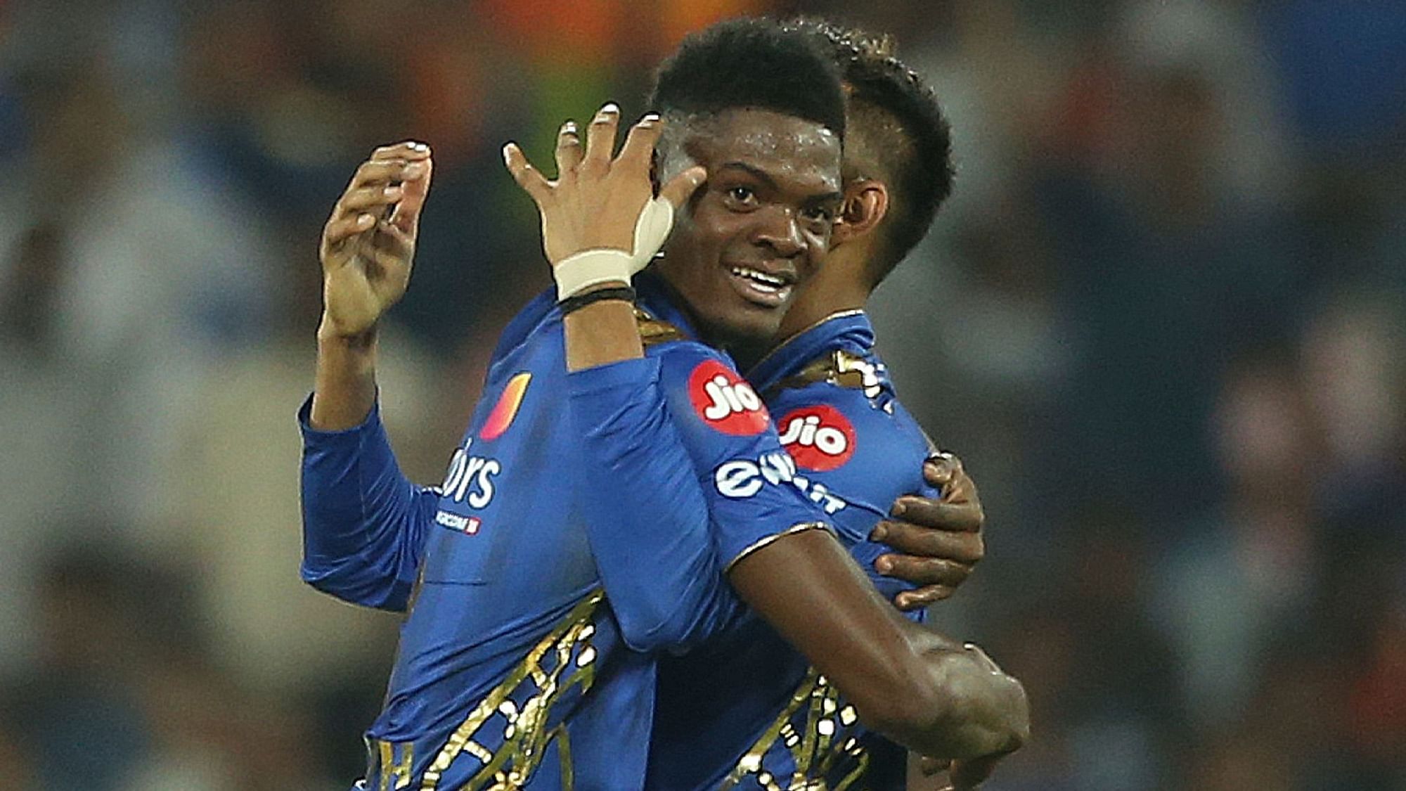 Mumbai Indian’s Alzarri Joseph celebrates for the six wickets of Sunrisers Hyderabad after winning in Hyderabad on Saturday, April 6.