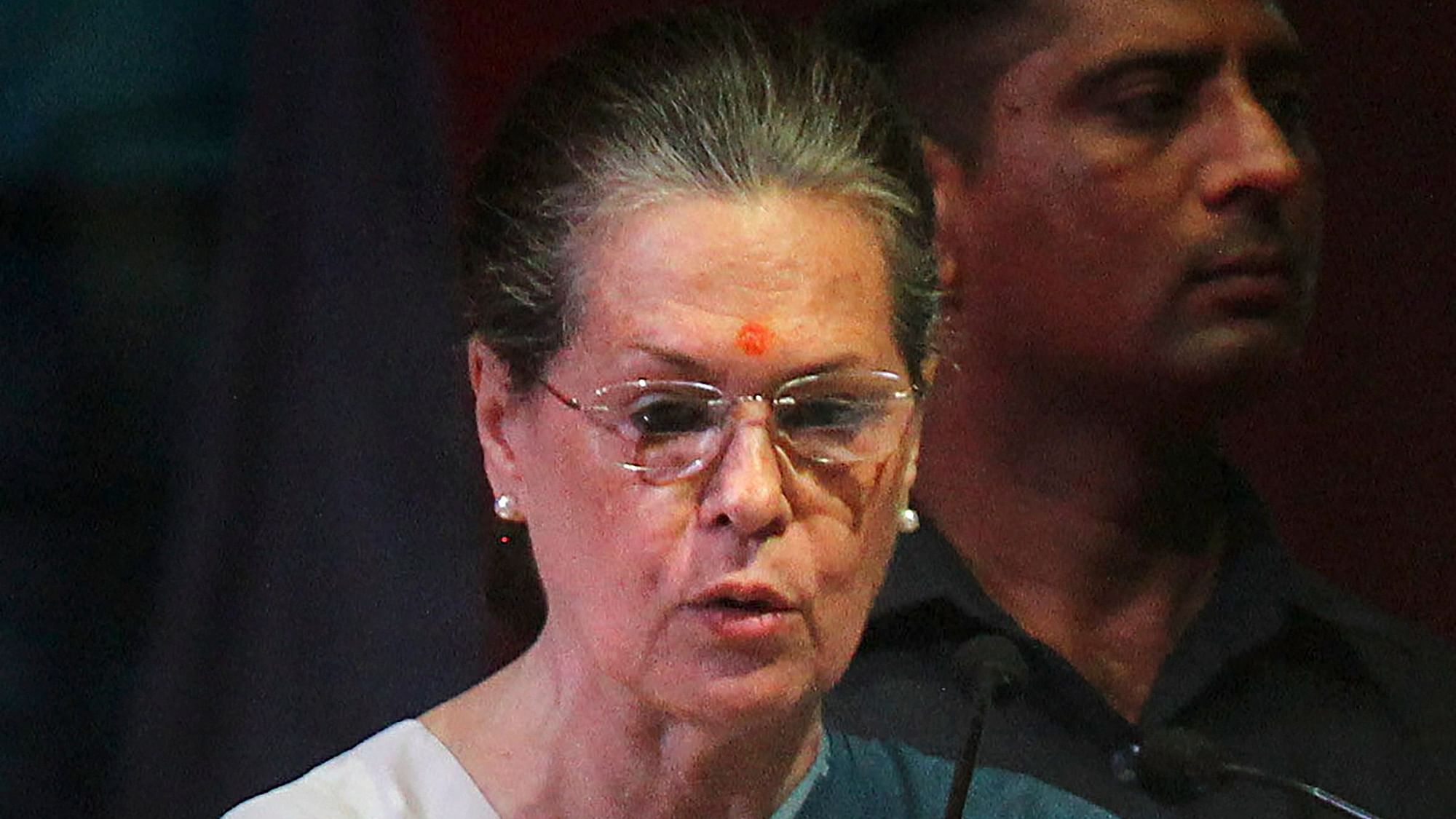 UPA Chairperson Sonia Gandhi addresses ‘People’s Agenda- Jan Sarokar 2019’ at Talkatora Stadium in New Delhi, Saturday, April 6, 2019.&nbsp;
