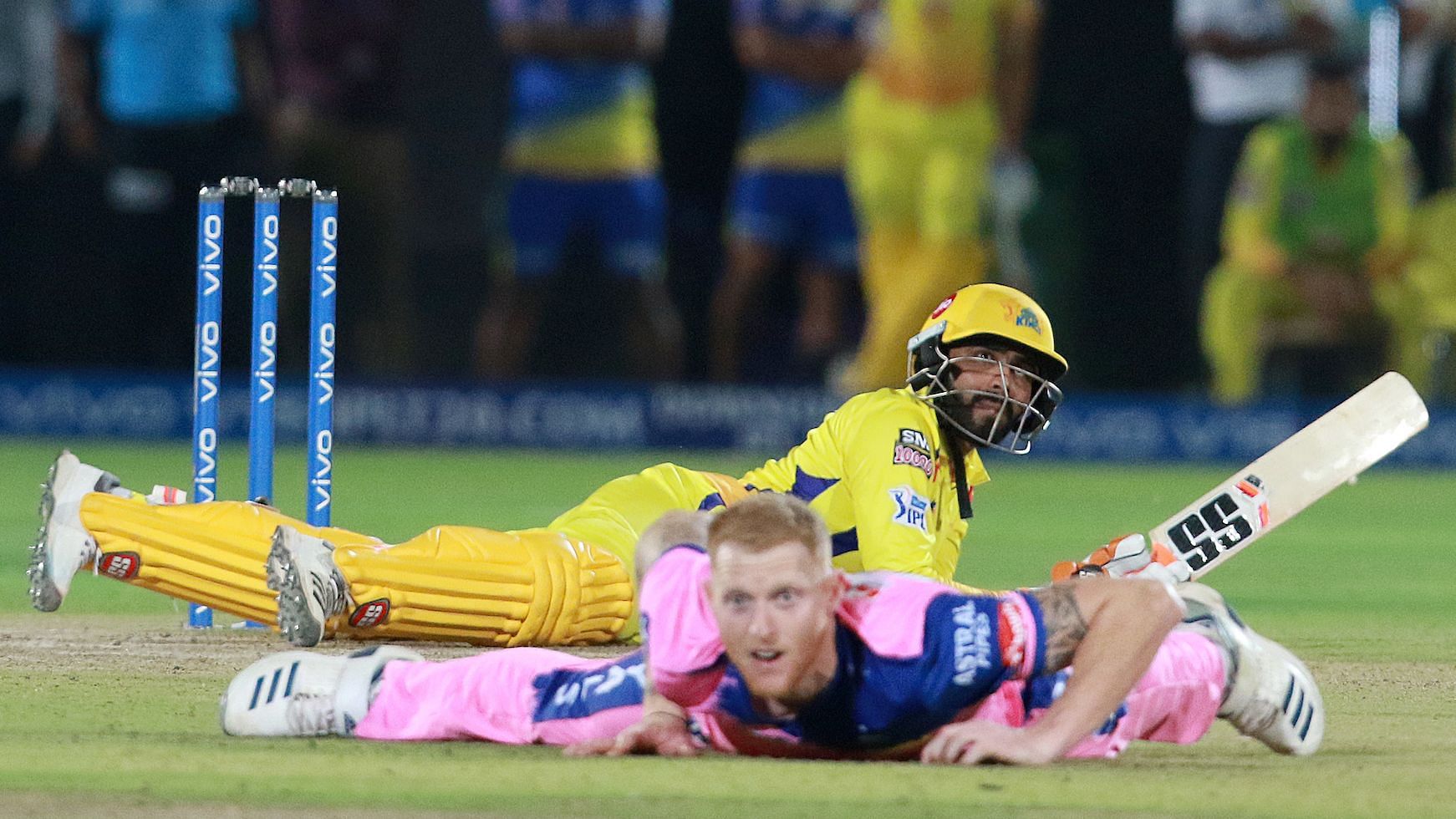 Stokes fell down after delivering the ball, while Jadeja fell after hitting it for a six.