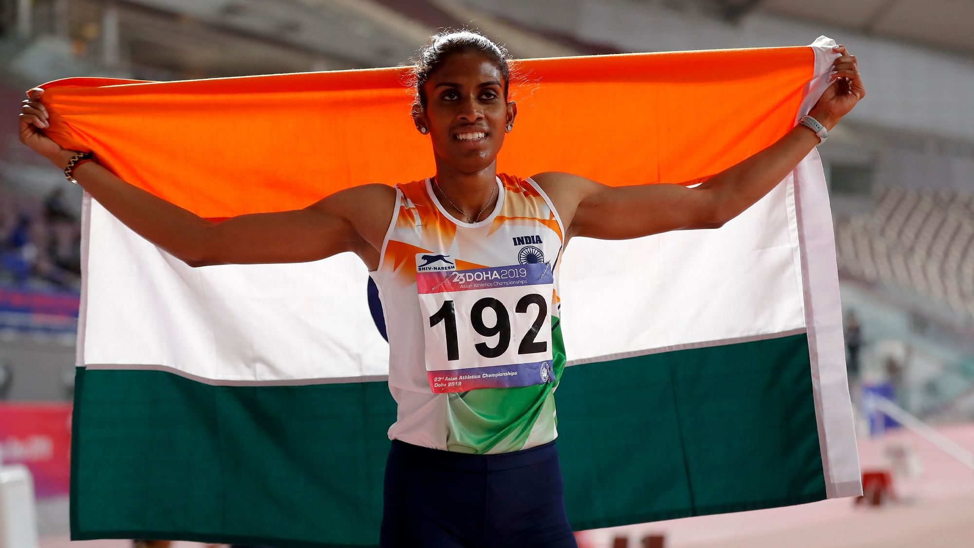 Poovamma Raju celebrates after winning the bronze medal in the women’s 400m final at the 23rd Asian Athletics Championships in Doha.