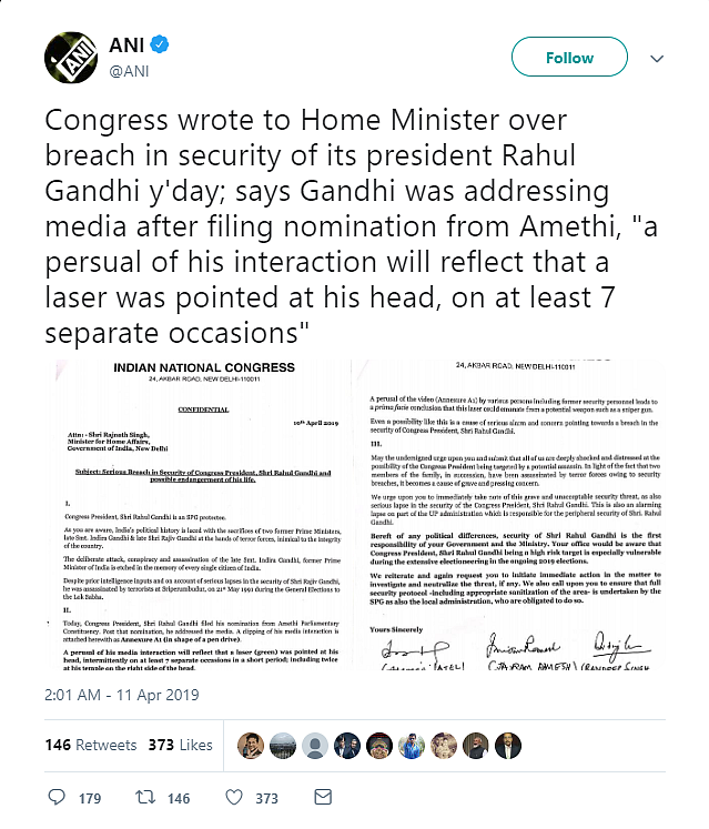 Screenshot of the ANI tweet, with the Congress letter to MHA.