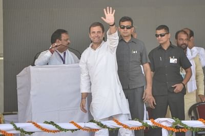 Ajmer: Congress President Rahul Gandhi waves at supporters during a public rally at Bandanwara in Rajasthan