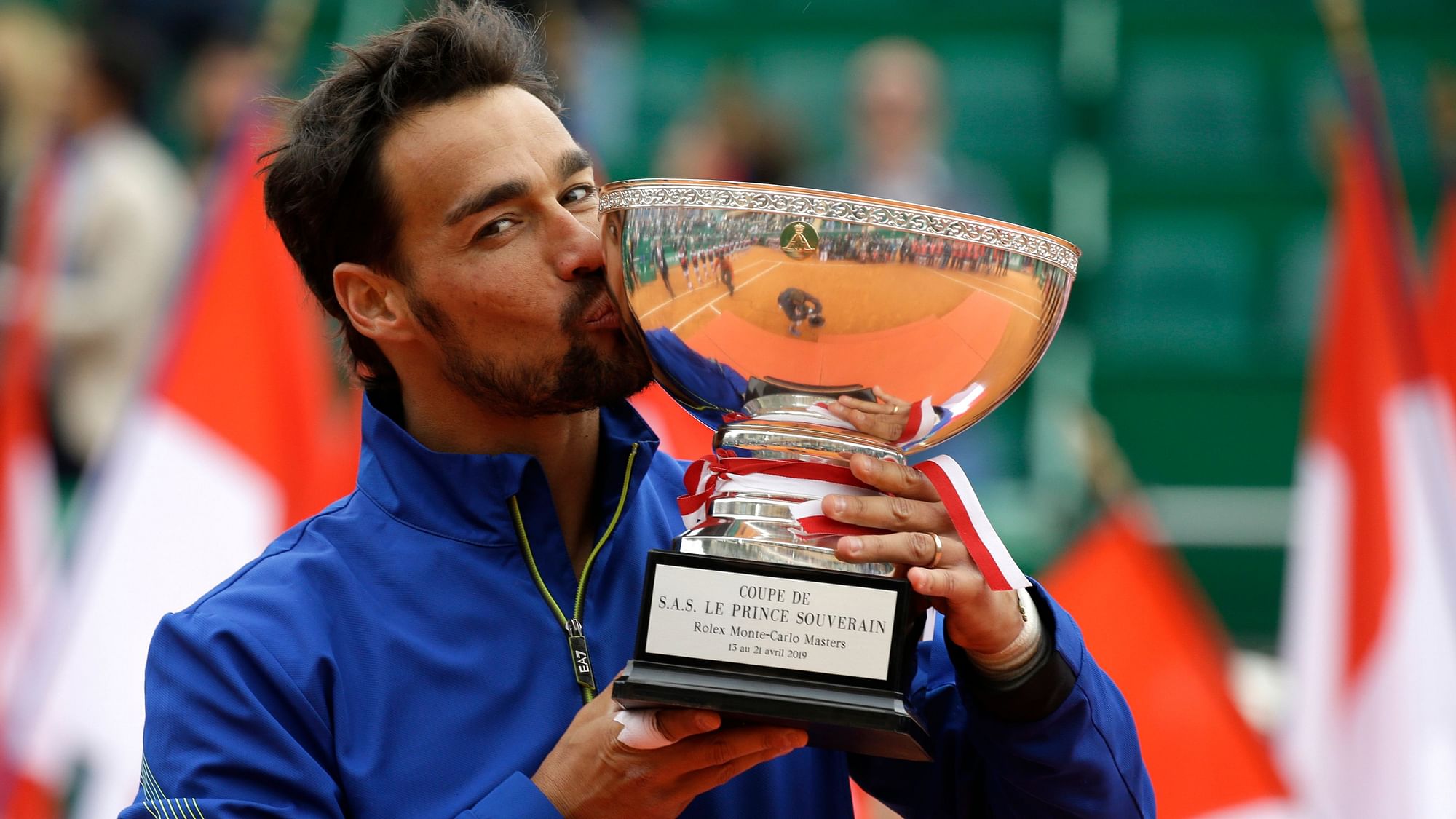 Italy’s Fabio Fognini celebrates after defeating Serbia’s Dusan Lajovic in the men’s singles final match of the Monte Carlo Tennis Masters tournament in Monaco, Sunday, April, 21, 2019.&nbsp;