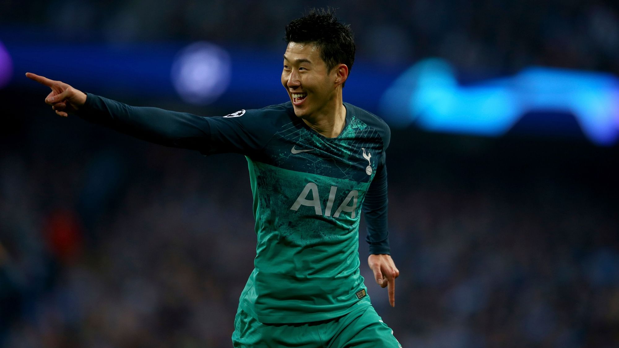 Tottenham’s Son Heung-Min celebrates scoring during the Champions League quarterfinal.