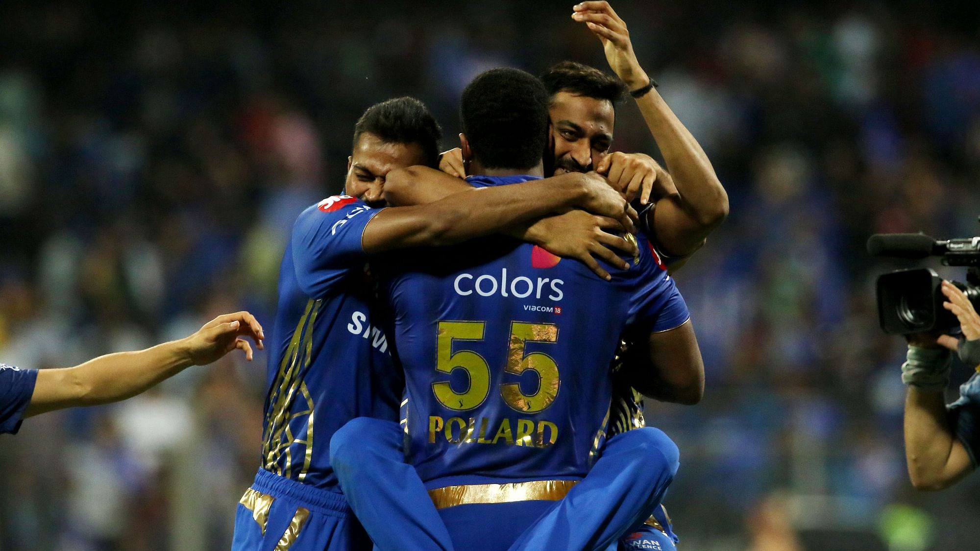 Mumbai Indians players celebrates after winning the match 24 of the Vivo Indian Premier League Season 12, 2019 between the Mumbai Indians and the Kings XI Punjab held at the Wankhede Stadium in Mumbai on the 10th April 2019