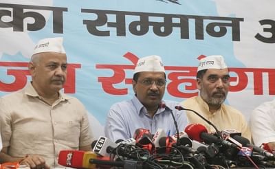 New Delhi: Delhi Chief Minister Arvind Kejriwal accompanied by Deputy Chief Minister Manish Sisodia and Cabinet Minister Gopal Rai, addresses a press conference after releasing AAP
