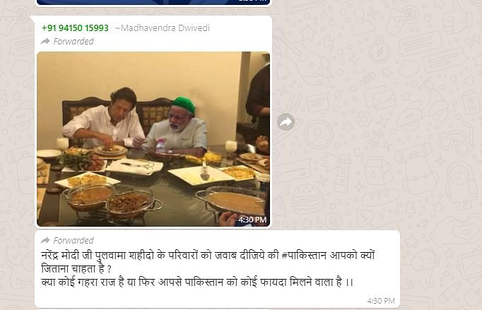 A doctored picture of PM Modi with Pakistani PM, Imran Khan, wearing a green skull cap has been circulating.