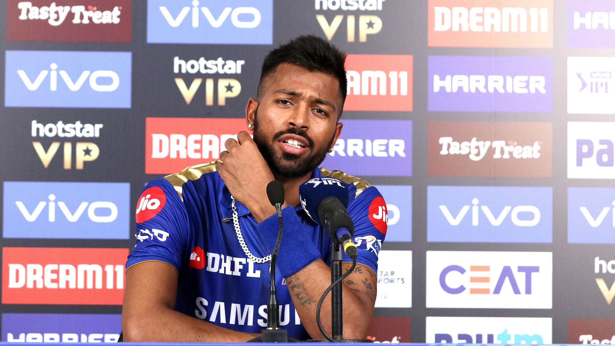 Hardik Pandya during the press conference after defeating Royal Challengers Bangalore.