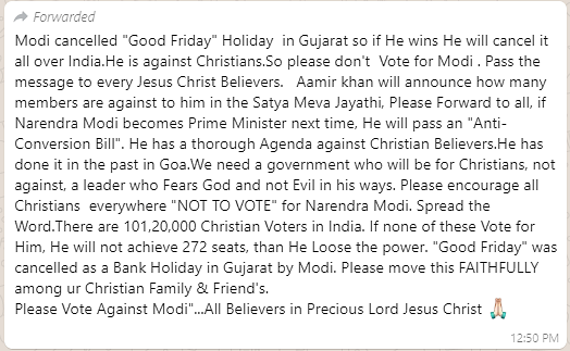 A viral WhatsApp forward claims Modi had cancelled Good Friday in Gujarat and implores voters not to vote for him.