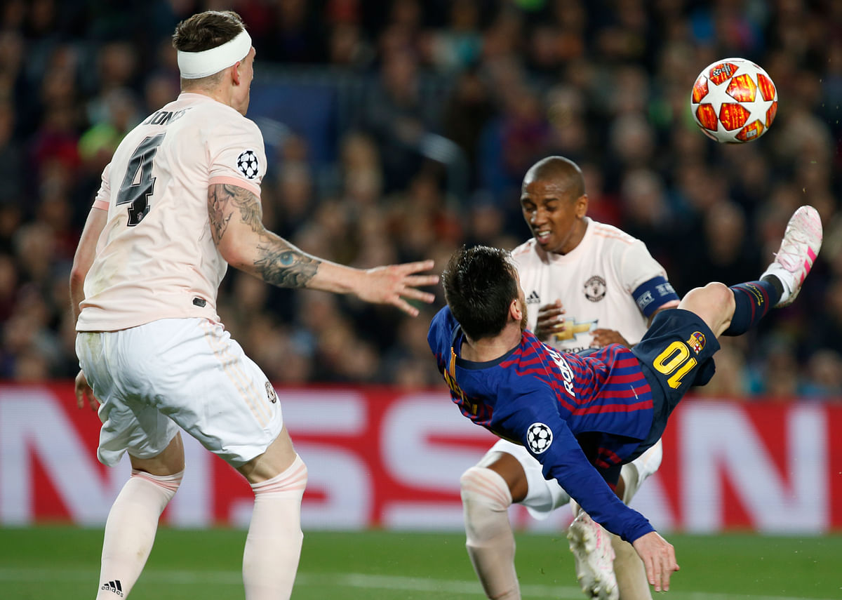 Messi scored two early goals to help Barcelona beat United 3-0 to reach the Champions League semi finals.