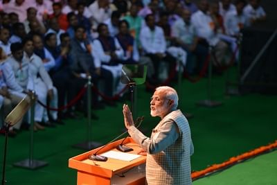 New Delhi: Prime Minister Narendra Modi addresses at the convention of traders at Talkatora Stadium in New Delhi, on April 19, 2019. (Photo: IANS)