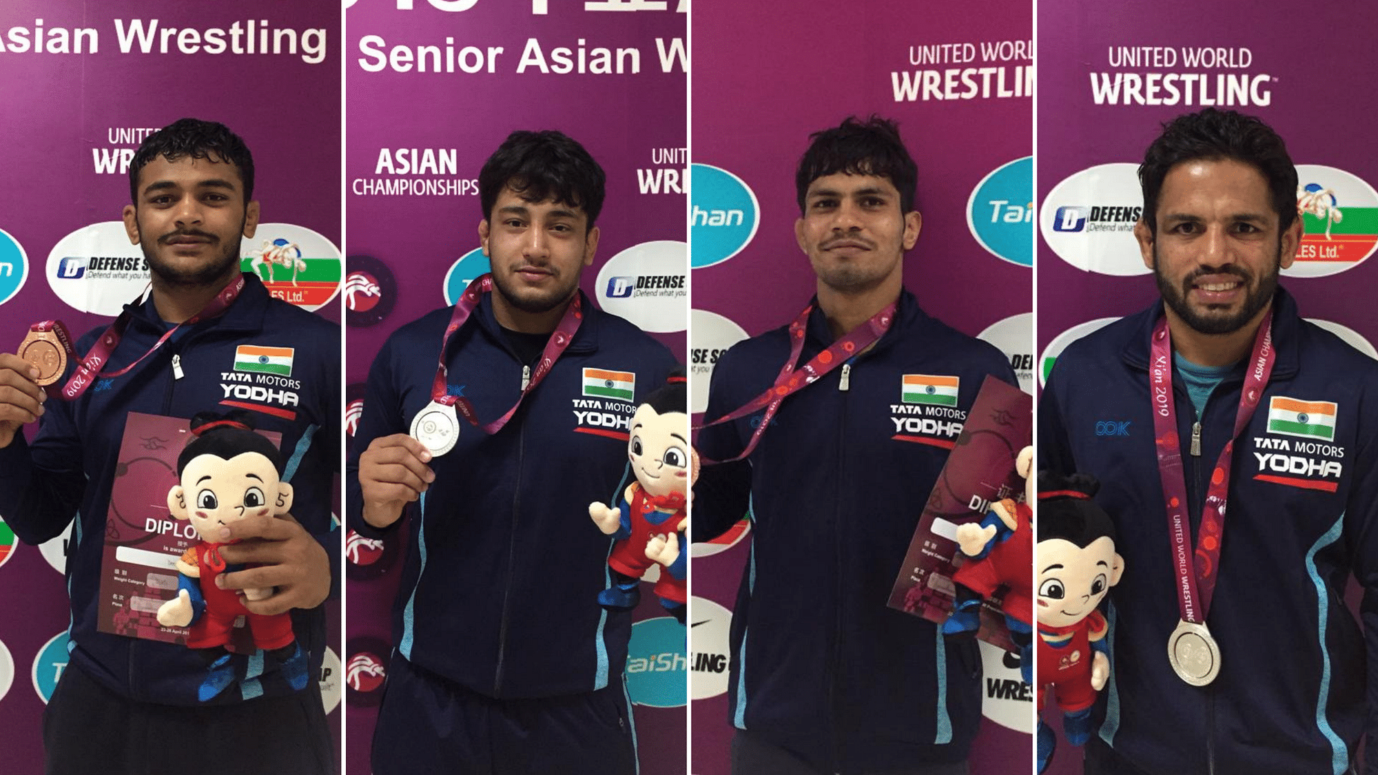 Deepak Punia, Vicky, Rahul Aware and Amit Dhankar with their medals on Day 2 of the Asian Wrestling Championships.