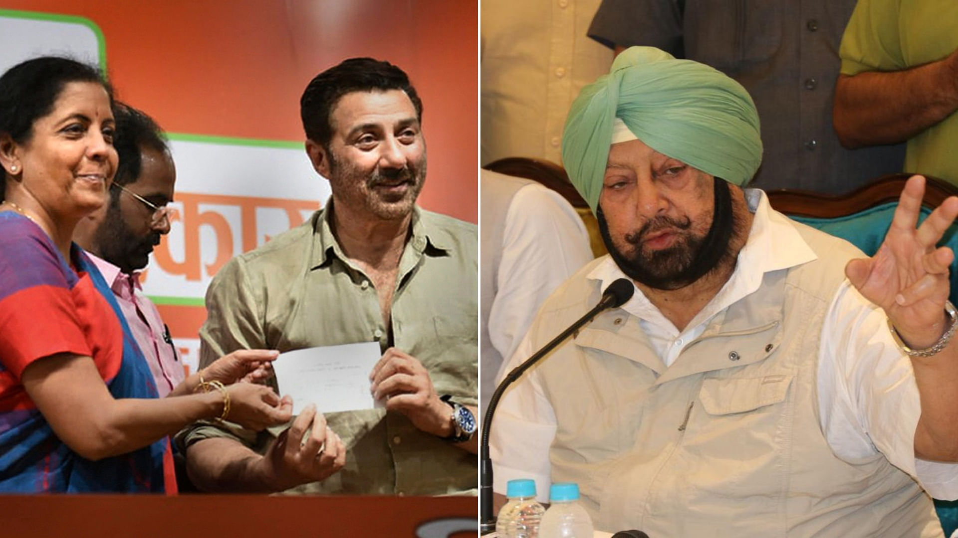  Actor Sunny Deol (L) presented with membership slip as he joins the party, at BJP headquarter in New Delhi. Captain Amarinder Singh (R).