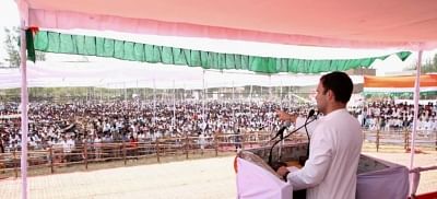 Budaun: Congress President Rahul Gandhi addresses a public rally, in Budaun, Uttar Pradesh, on April 18, 2019. (Photo: IANS)