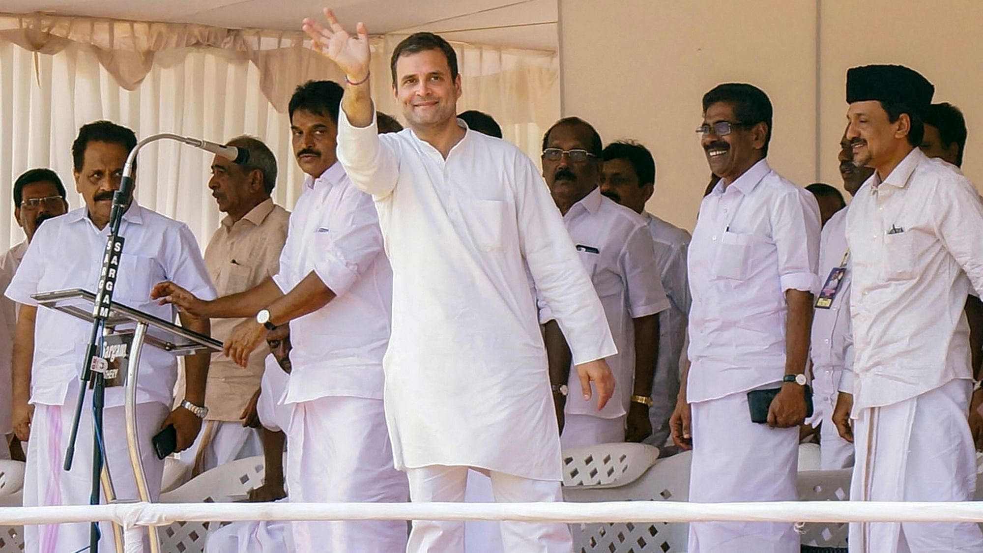 Congress President Rahul Gandhi waves to the crowd during an election campaign rally Lok Sabha polls, at Batheri in Wayanad, Wednesday, April 17, 2019. Gandhi is contesting election from the Wayanad.