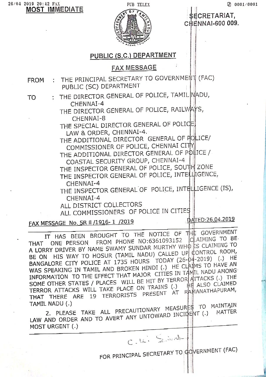 Tamil Nadu’s Principal Secretary’s alert.