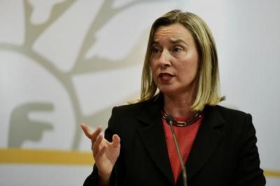 MONTEVIDEO, Feb. 8, 2019 (Xinhua) -- High Representative of the European Union (EU) for Foreign Affairs and Security Policy Federica Mogherini, speaks during a press conference after a meeting of the International Contact Group on Venezuela, at the Executive Tower, in Montevideo, capital of Uruguay, on Feb. 7, 2019. Some 13 countries and the European Union (EU) gathered in Montevideo on Thursday to promote a "peaceful and democratic solution" to the Venezuelan crisis, said an EU senior diplomat.