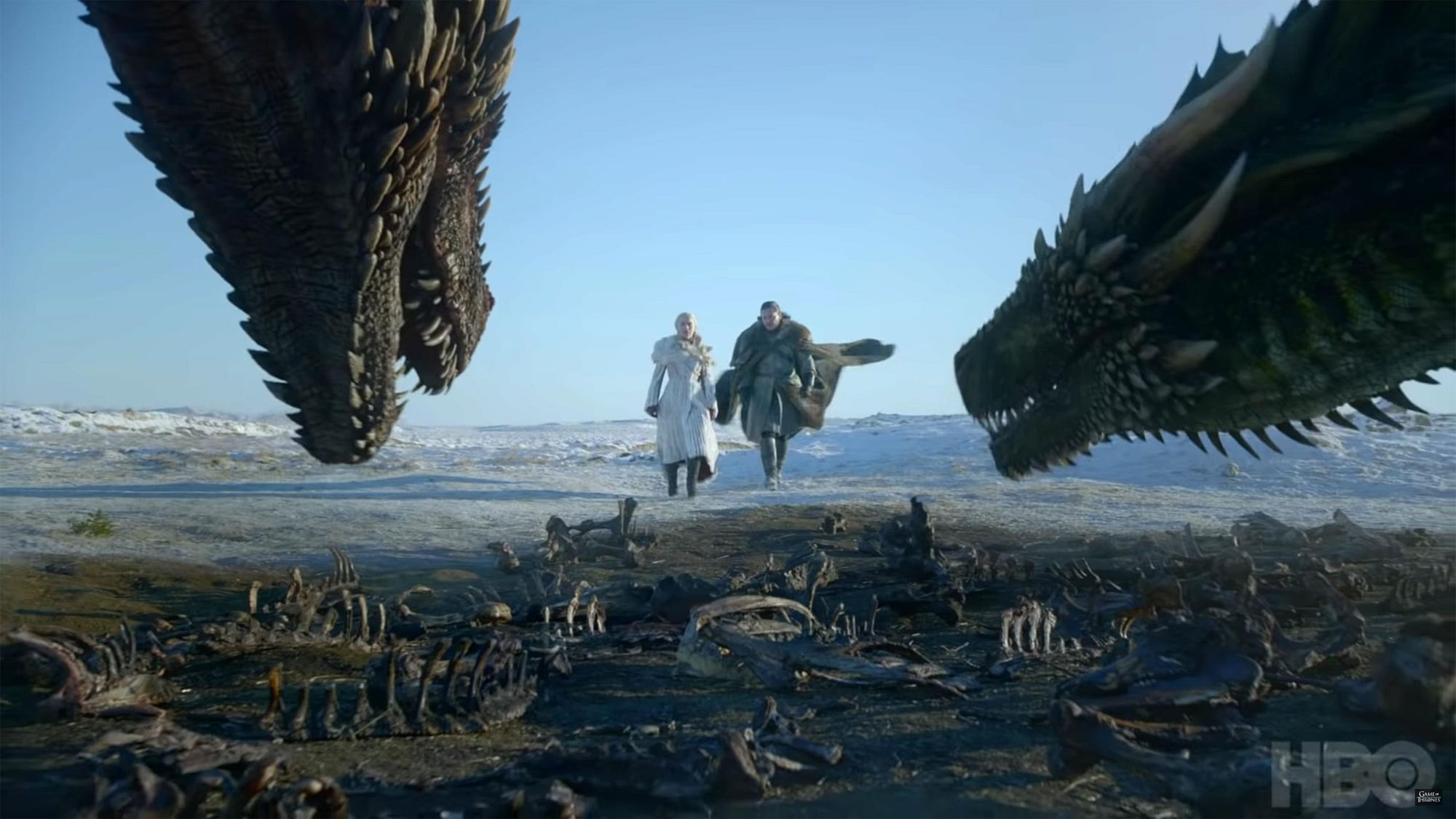 Daenarys and Jon take a ride on the dragons.&nbsp;