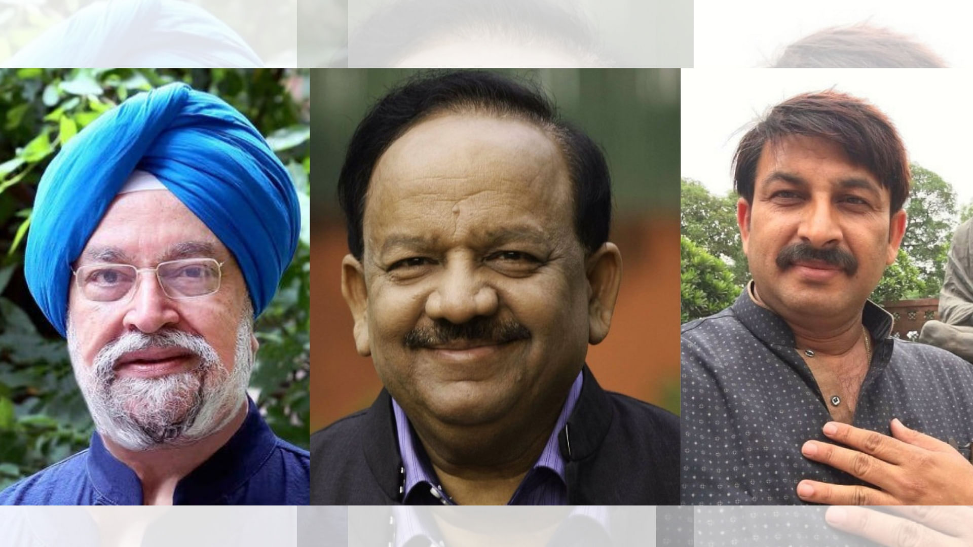 Union Ministers Hardeep Puri, Dr Harsh Vardhan and Delhi BJP Chief Manoj Tiwari.
