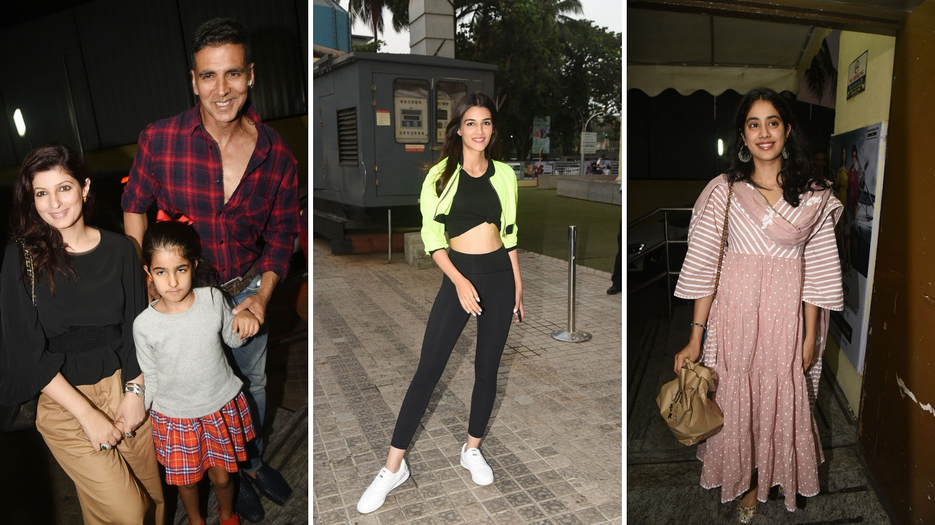 Akshay Kumar &amp; Twinkle Khanna with their daughter, Kriti Sanon and Jahnvi Kapoor at the screening.