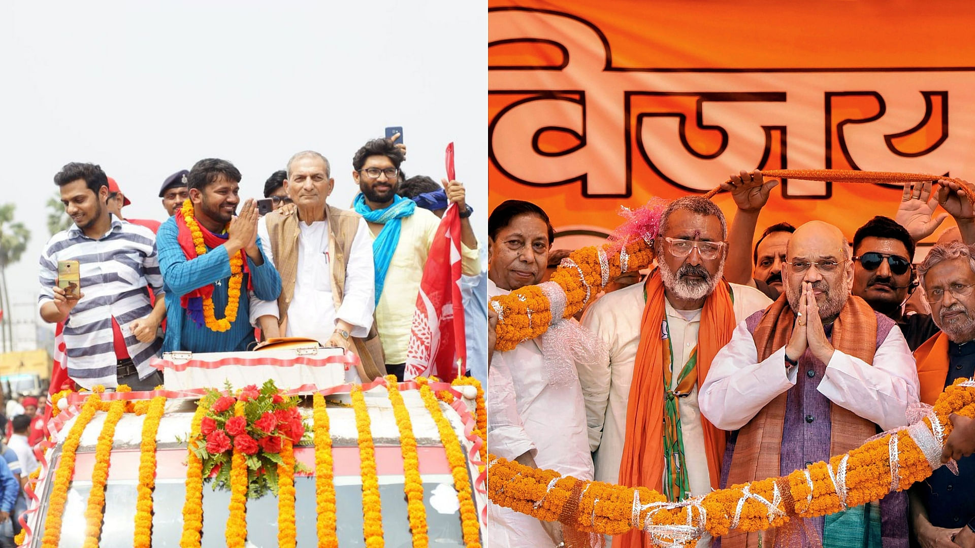 Kanhaiya Kumar on a campaign trail (L) and BJP President Amit Shah before a rally (R) in Begusarai.&nbsp;