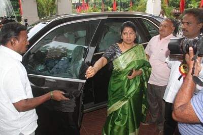 Chennai: Dravida Munnetra Kazhagam (DMK) MPleader Kanimozhi arrives at the party