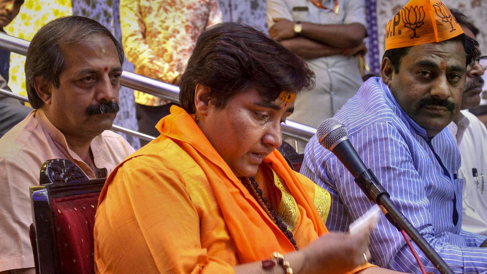 BJP candidate Sadhvi Pragya Singh Thakur reacts while addressing party workers for the Lok Sabha polls in Bhopal on 18 April.