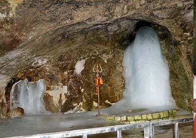 Iced stalagmite Shiv lingam at Amarnath cave. (File Photo: IANS)