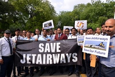 New Delhi: The employees of debt-ridden Jet Airways stage a demonstration to press for their various demands, at Jantar Mantar in New Delhi, on April 18, 2019. (Photo: IANS)