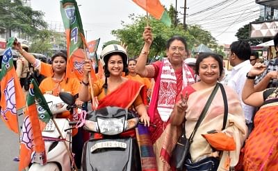Guwahati: BJP supporters led by actress-turned-politician, BJP leader Angoorlata Deka, takes out a bike rally during an election campaign ahead of the 2019 Lok Sabha polls, in Guwahati, on April 21, 2019. (Photo: IANS)
