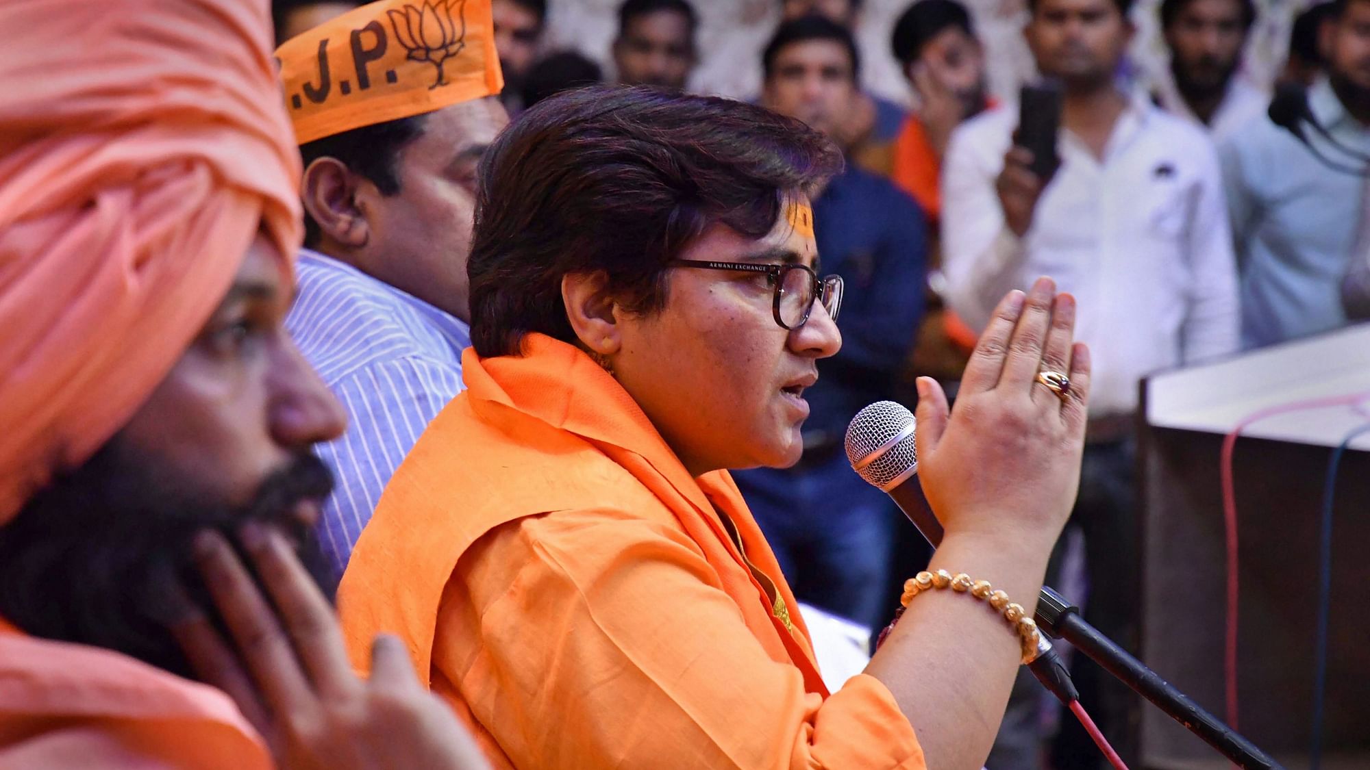 BJP candidate Sadhvi Pragya Singh Thakur addresses a party workers meeting for Lok Sabha polls in Bhopal.&nbsp;