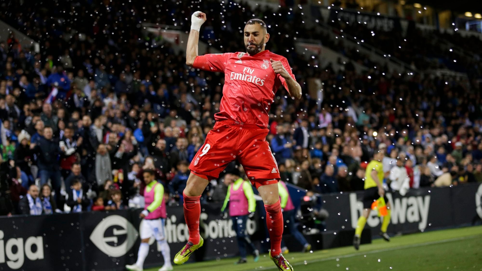 Real Madrid’s Karim Benzema celebrates after scoring against Leganes.