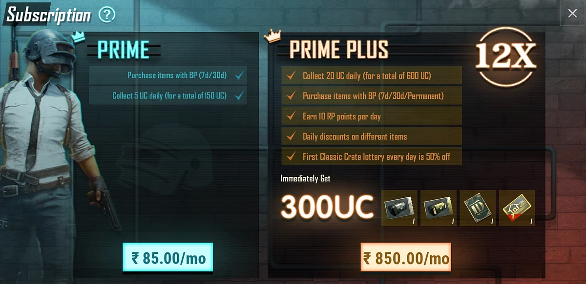 The new Prime and Prime Plus subscriptions for PUBG Mobile.