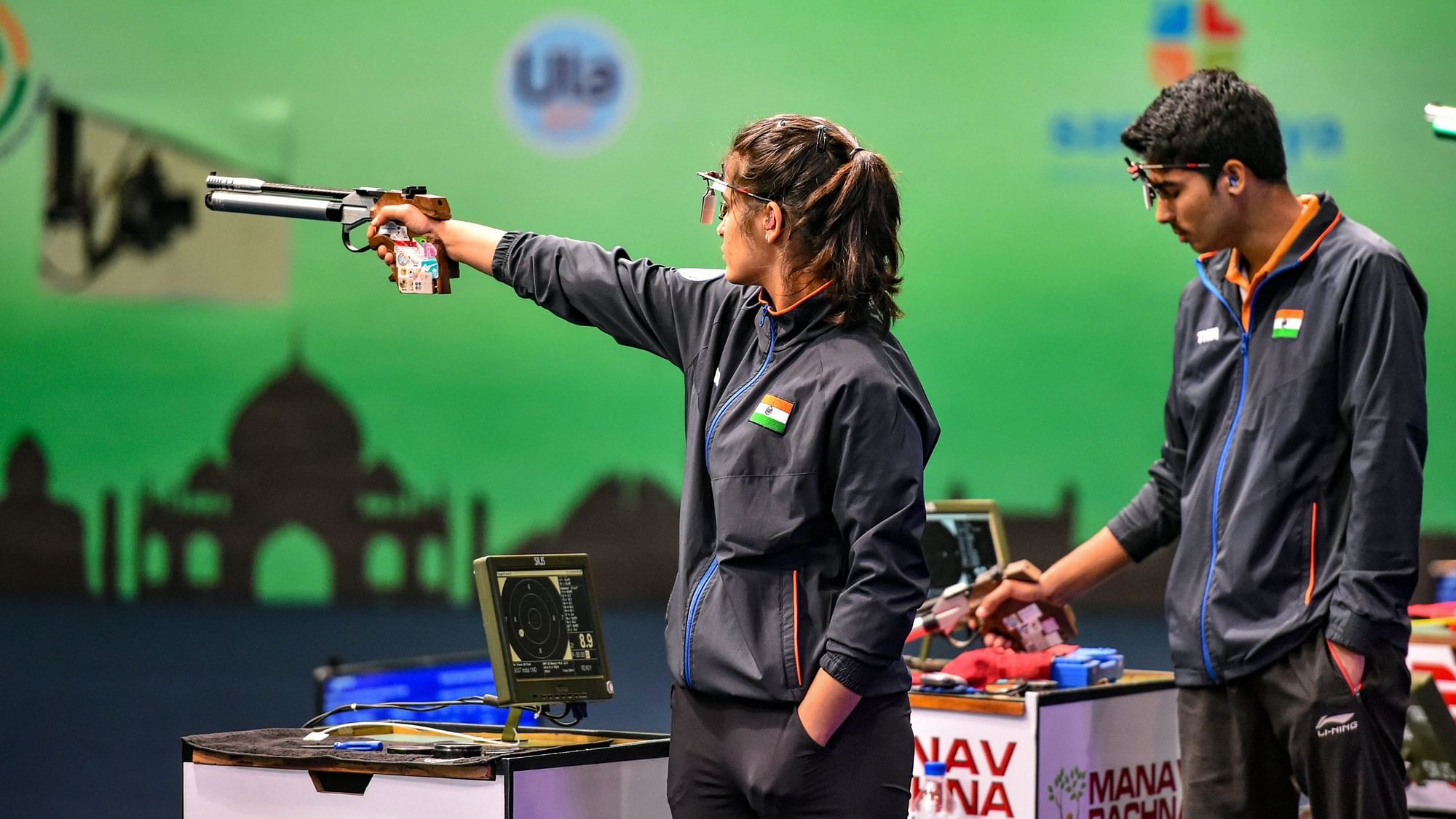 Manu Bhaker and Saurabh Chaudhary during their 10m Air Pistol Mixed Team of the ISSF World Cup in Delhi.