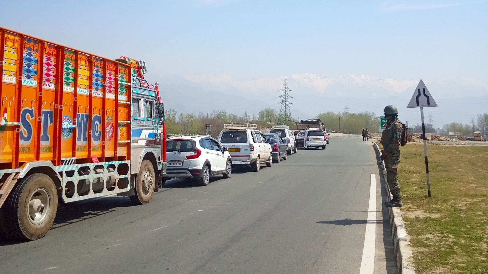 A queue of vehicles seen on the Jammu-Srinagar highway.