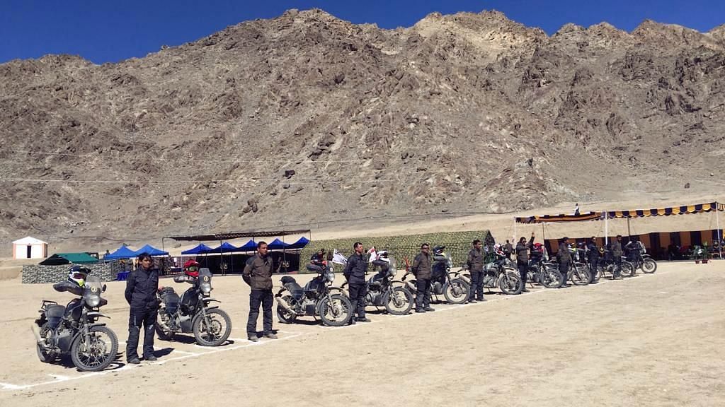 The 11 riders line up during the flag-in ceremony in Leh.