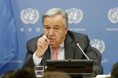 UNITED NATIONS, Jan. 18, 2019 (Xinhua) -- UN Secretary-General Antonio Guterres addresses a press conference at the UN headquarters in New York, on Jan. 18, 2019. Guterres on Friday strongly condemned the car bombing at a police academy in the Colombian capital of Bogota, which caused heavy casualties. (Xinhua/Li Muzi/IANS)