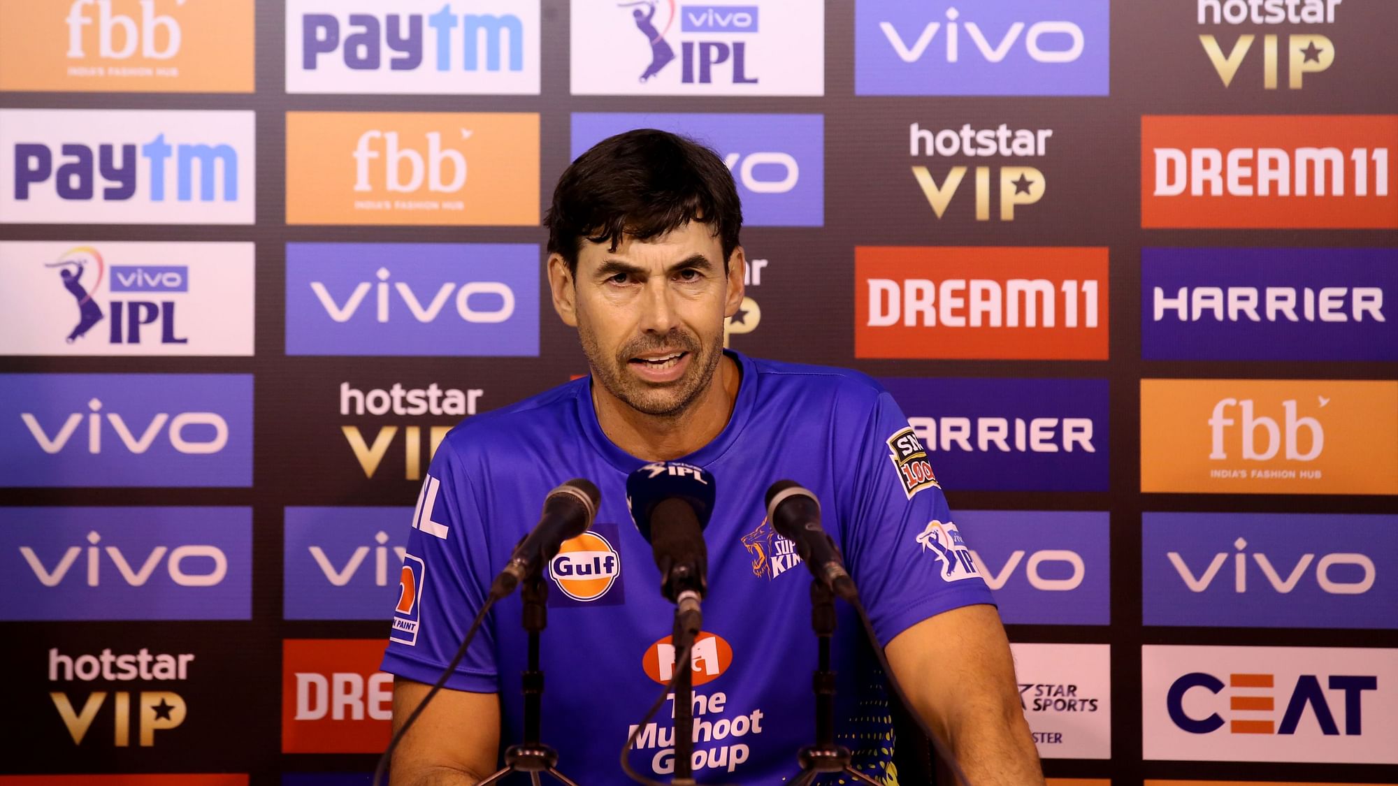 Chennai Super Kings Coach Stephen Fleming speaks at a press conference after the match.