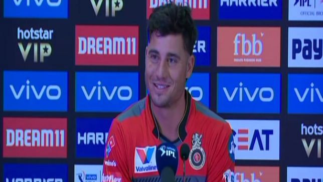 RCB’s Marcus Stoinis during a press conference in Punjab.&nbsp;