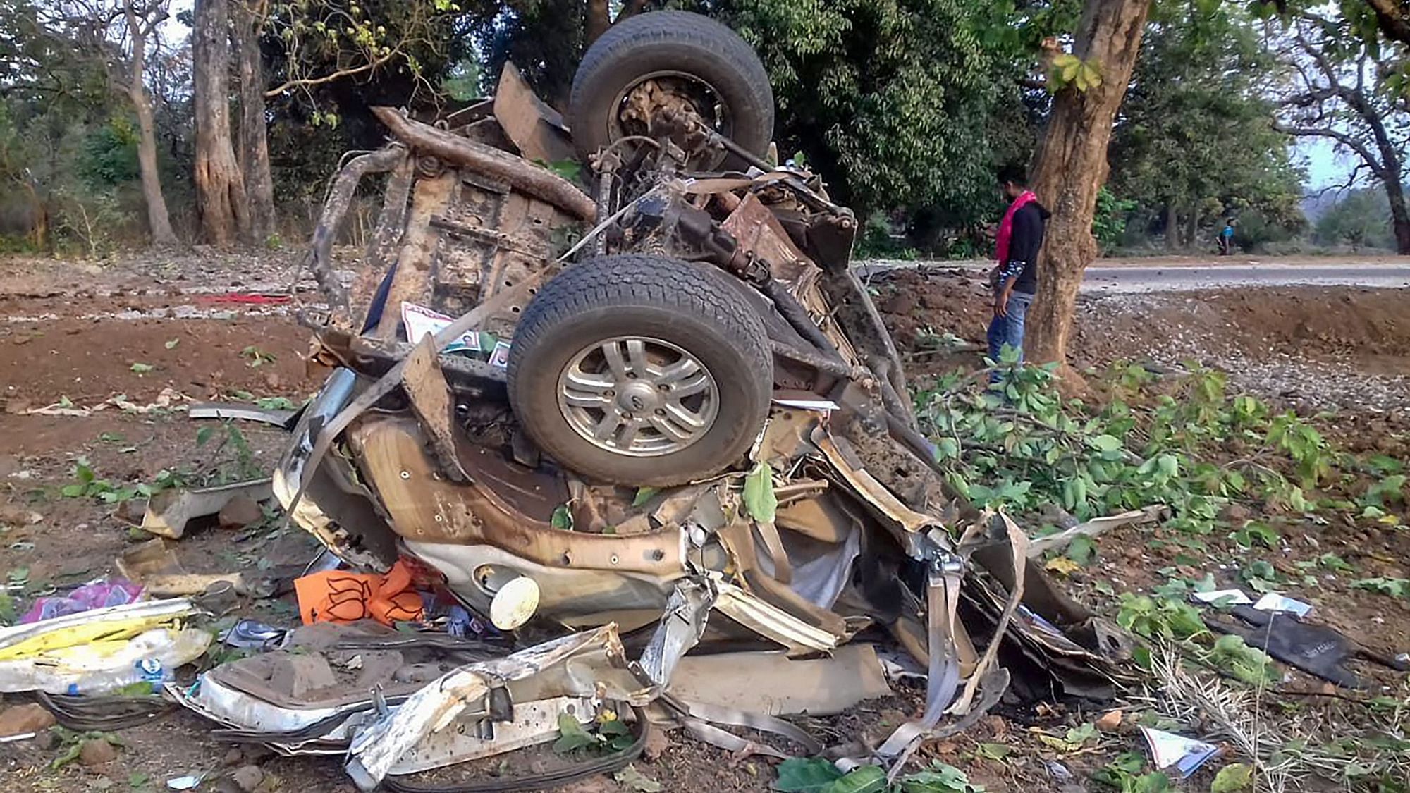 Mangled remains of a vehicle after a BJP convoy was attacked by the Maoists in Dantewada district of Chhattisgarh.