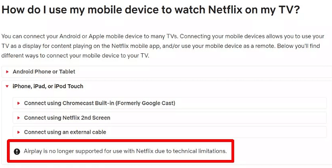 Netflix’s support page says that AirPlay is no longer supported for use with Netflix due to technical limitations.