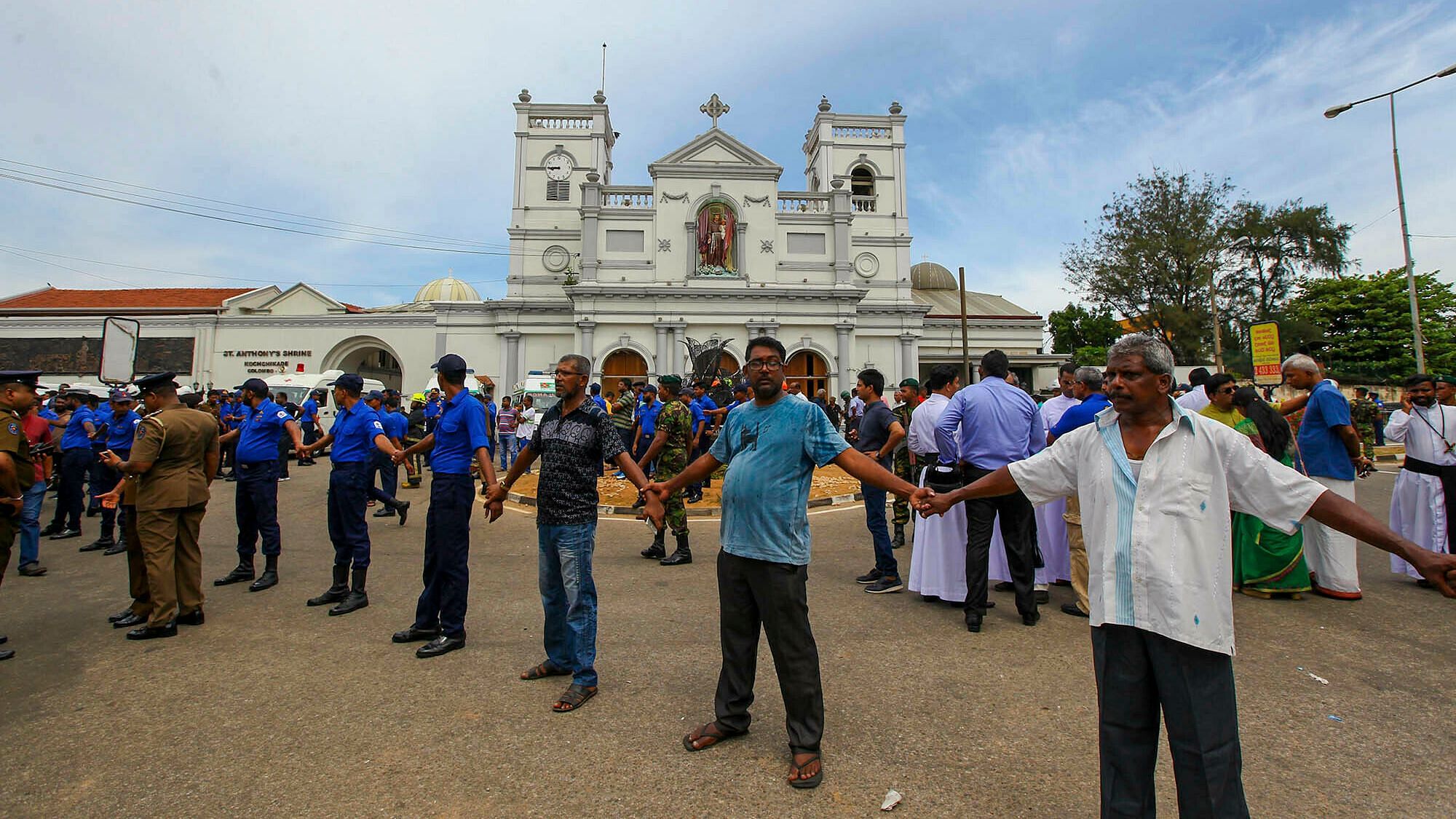 Sri Lankan army soldiers secure the area around St Anthony’s Shrine after a blast in Colombo. 
